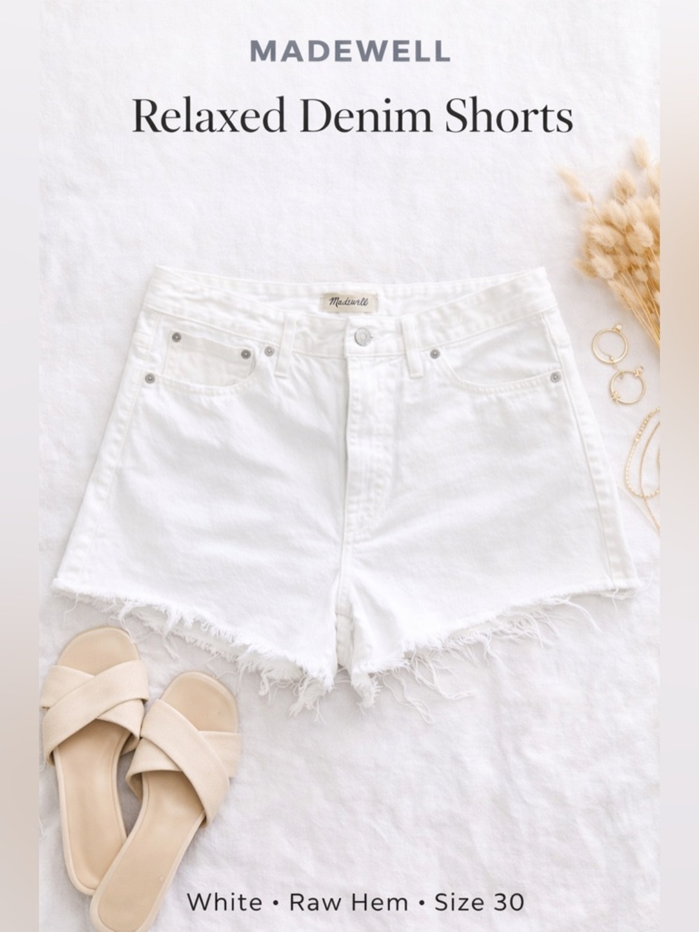 Madewell Relaxed Denim Shorts White Raw Hem Size 30